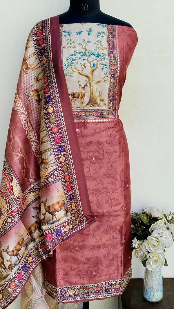 Designer Embroidered Suit Length 3 Piece Copper Mal Chanderi With Stone Work