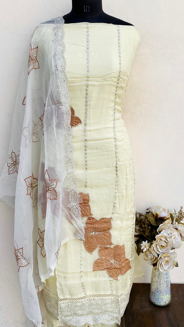 Designer Embroidered Suit Length 3 Piece Cream Organza With Pearl & Sequence Work