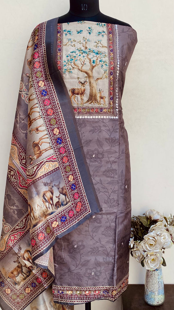 Designer Embroidered Suit Length 3 Piece Gray Mal Chanderi With Stone Work