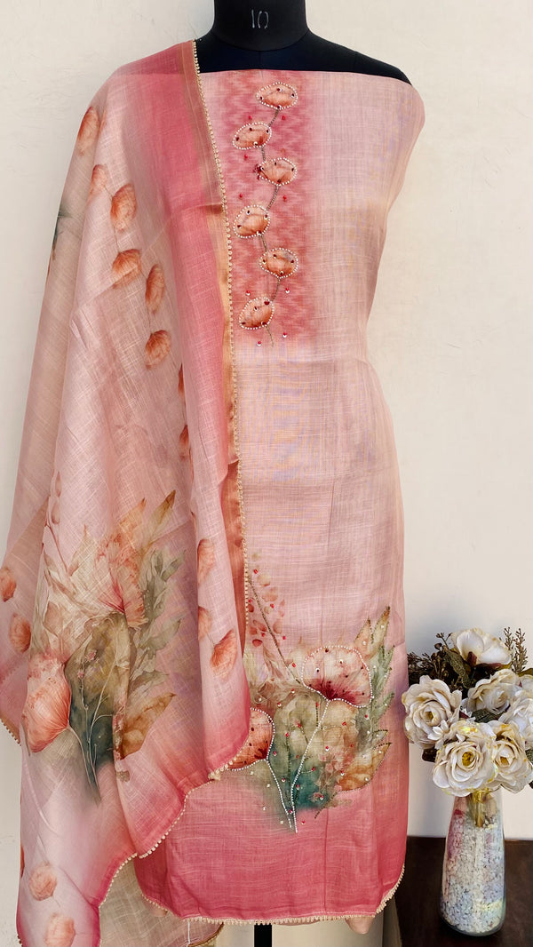 Designer Embroidered Suit Length 3 Piece Copper Linen With Pearl, Cutdana & Sequence Work