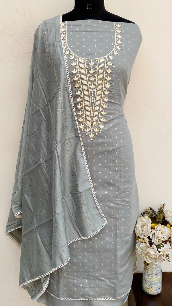 Designer Embroidered Suit Length 3 Piece Gray Mal Chanderi With Cutdana Work