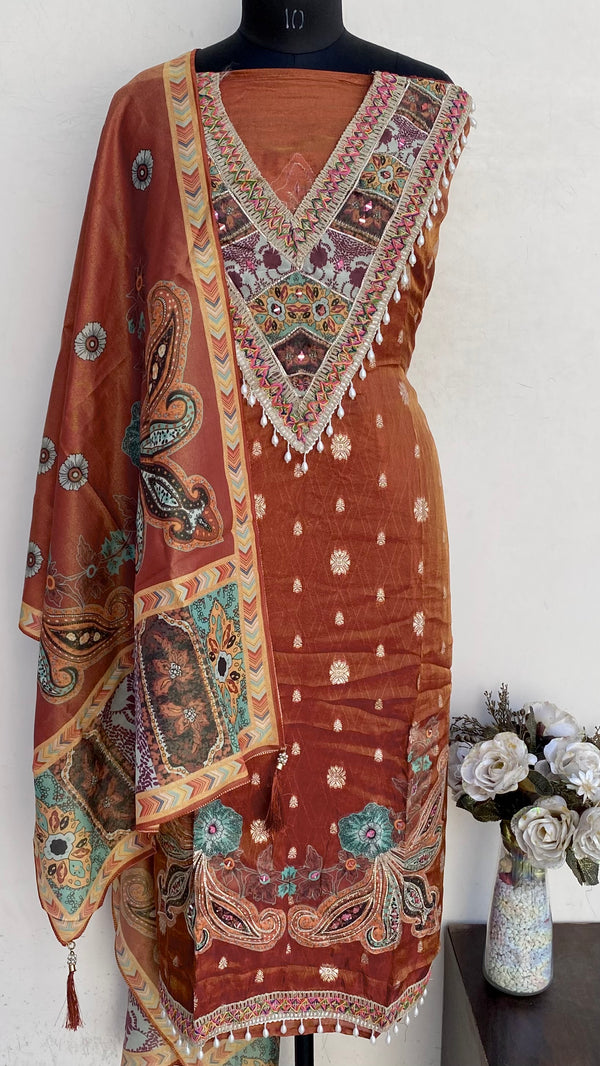 Designer Embroidered Suit Length 3 Piece Copper Mal Chanderi With Mirror & Pearl Work