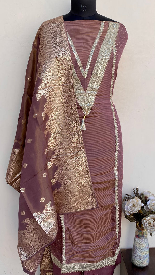 Designer Embroidered Suit Length 3 Piece Brown Mal Chanderi With Sequence Work