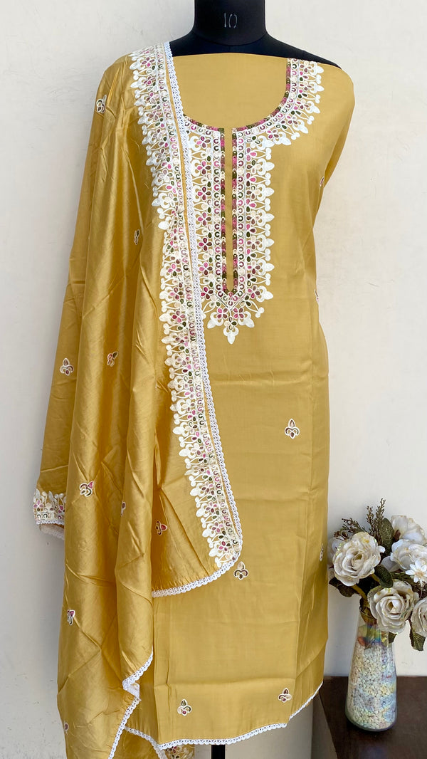 Designer Embroidered Suit Length 3 Piece Beige Mal Chanderi