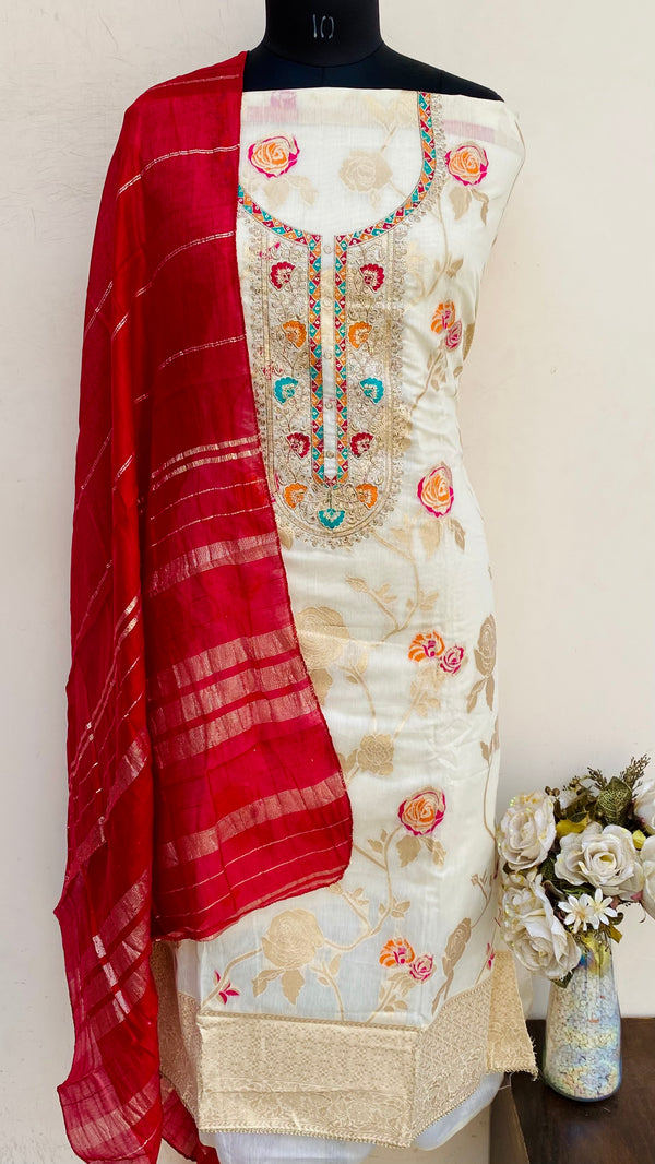 Designer Embroidered Suit Length 3 Piece Cream Mal Chanderi With Sequence Work