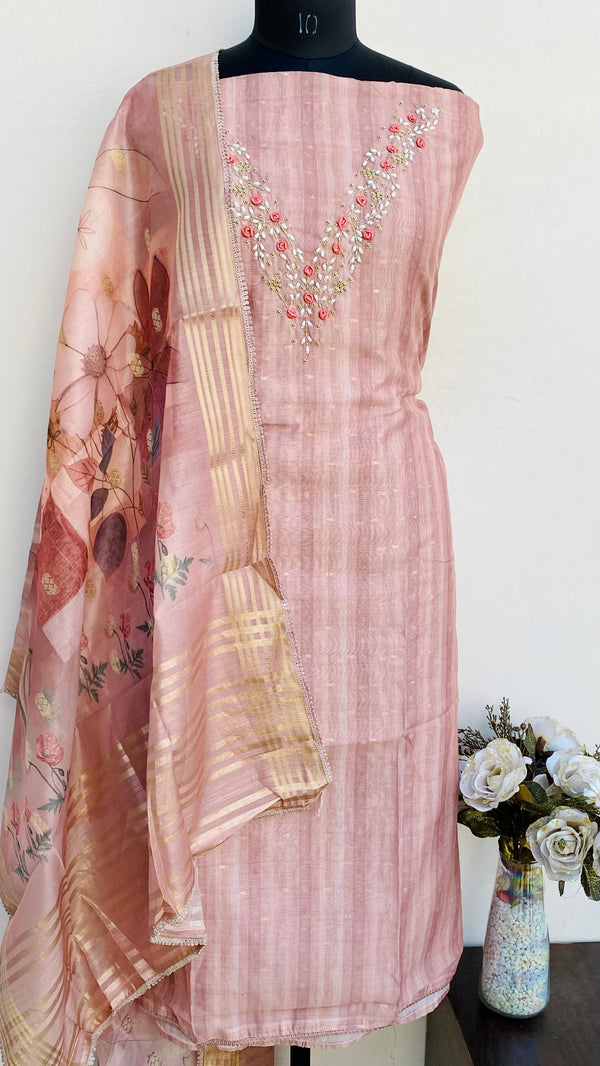 Designer Embroidered Suit Length 3 Piece Copper Mal Chanderi With Cutdana & Pearl Work