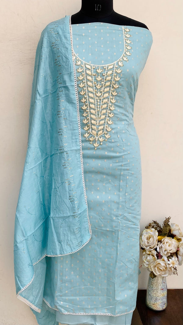 Designer Embroidered Suit Length 3 Piece Blue Mal Chanderi With Cutdana Work