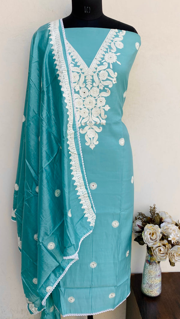 Designer Embroidered Suit Length 3 Piece Blue Mal Chanderi With Pearl Work