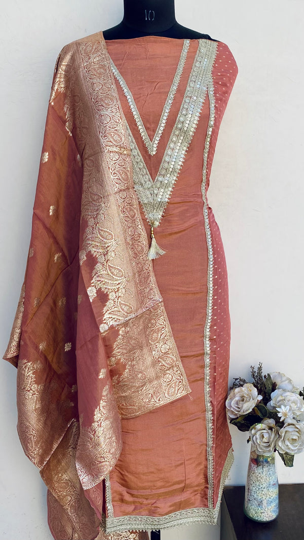 Designer Embroidered Suit Length 3 Piece Copper Mal Chanderi With Sequence Work