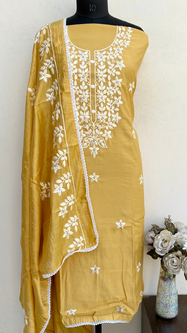 Designer Embroidered Suit Length 3 Piece Beige Mal Chanderi