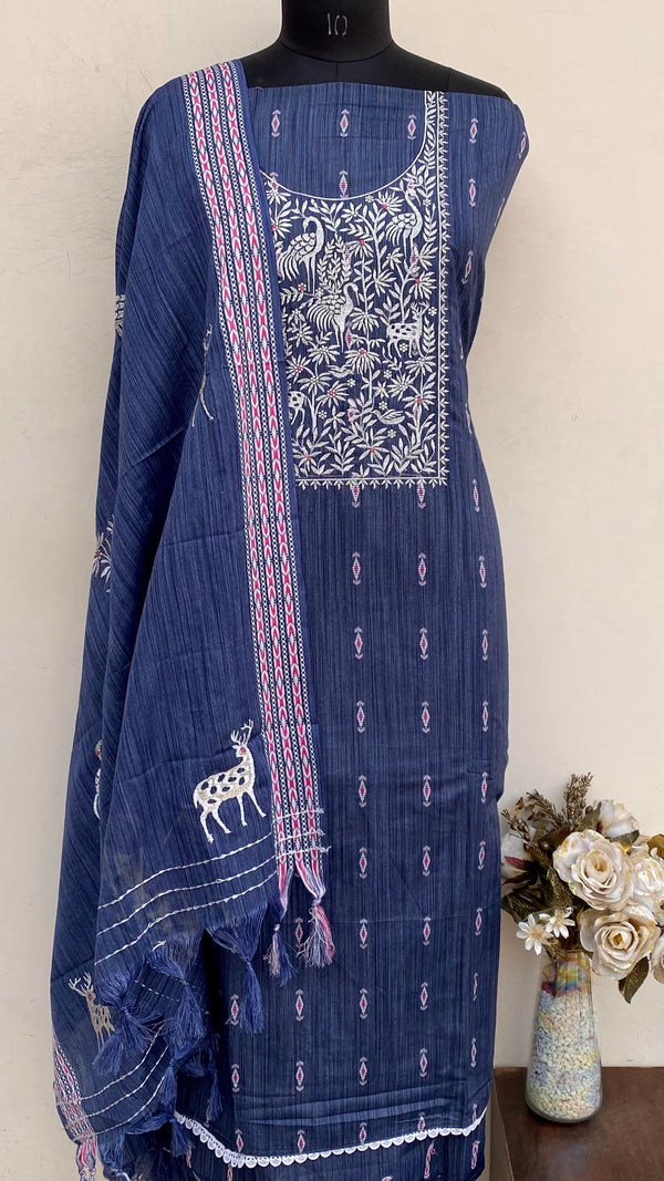 Designer Embroidered Suit Length 3 Piece Blue Mal Cotton With Sequence Work