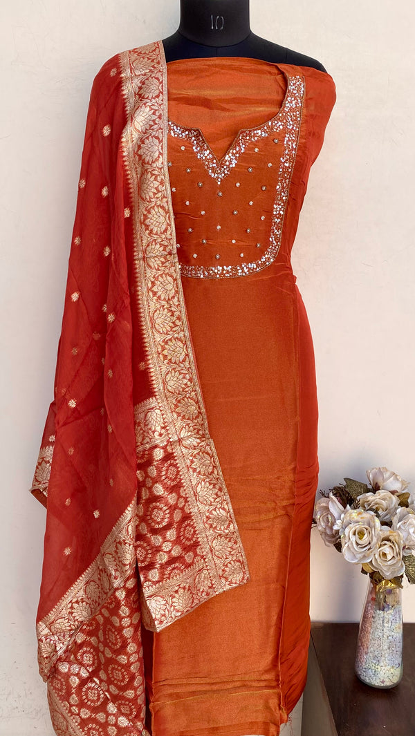 Designer Embroidered Suit Length 3 Piece Copper Mal Chanderi With Pearl, Cutdana & Sequence Work