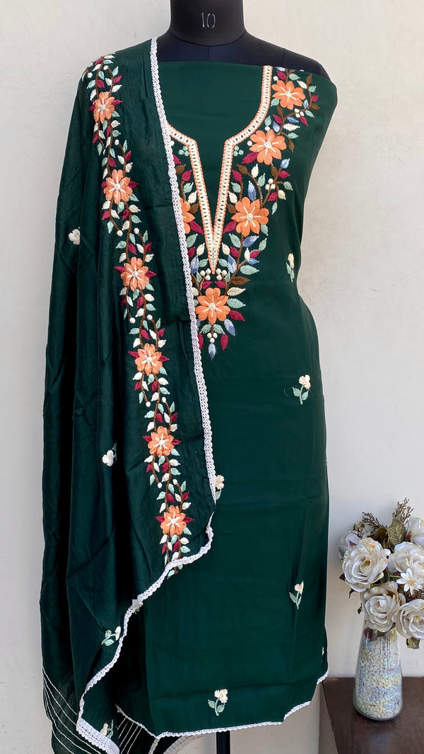 Designer Embroidered Suit Length 3 Piece Bottle Green Mal Cotton With Parsi Work