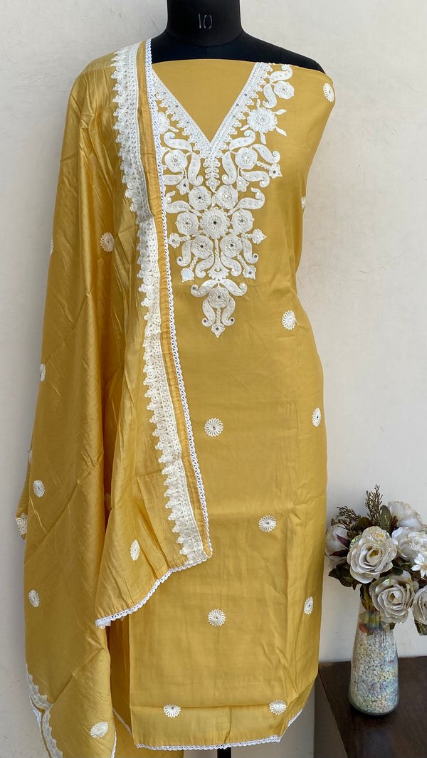 Designer Embroidered Suit Length 3 Piece Beige Mal Chanderi With Pearl Work