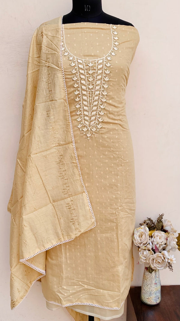 Designer Embroidered Suit Length 3 Piece Beige Mal Chanderi With Cutdana Work