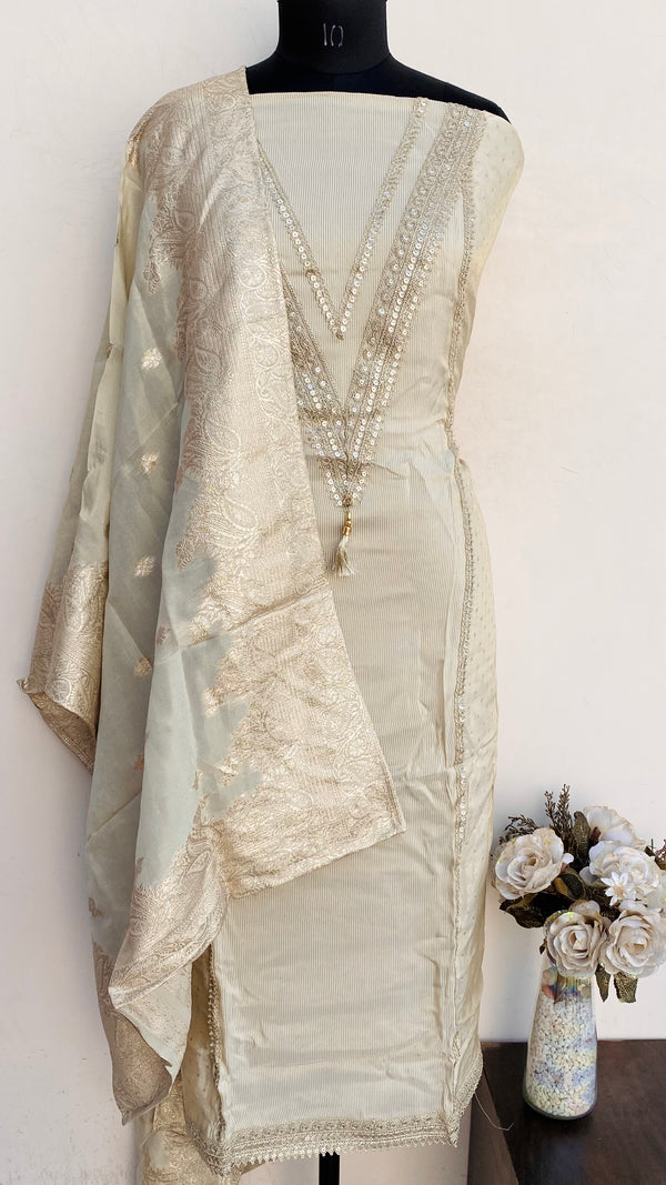 Designer Embroidered Suit Length 3 Piece Cream Mal Chanderi With Sequence Work