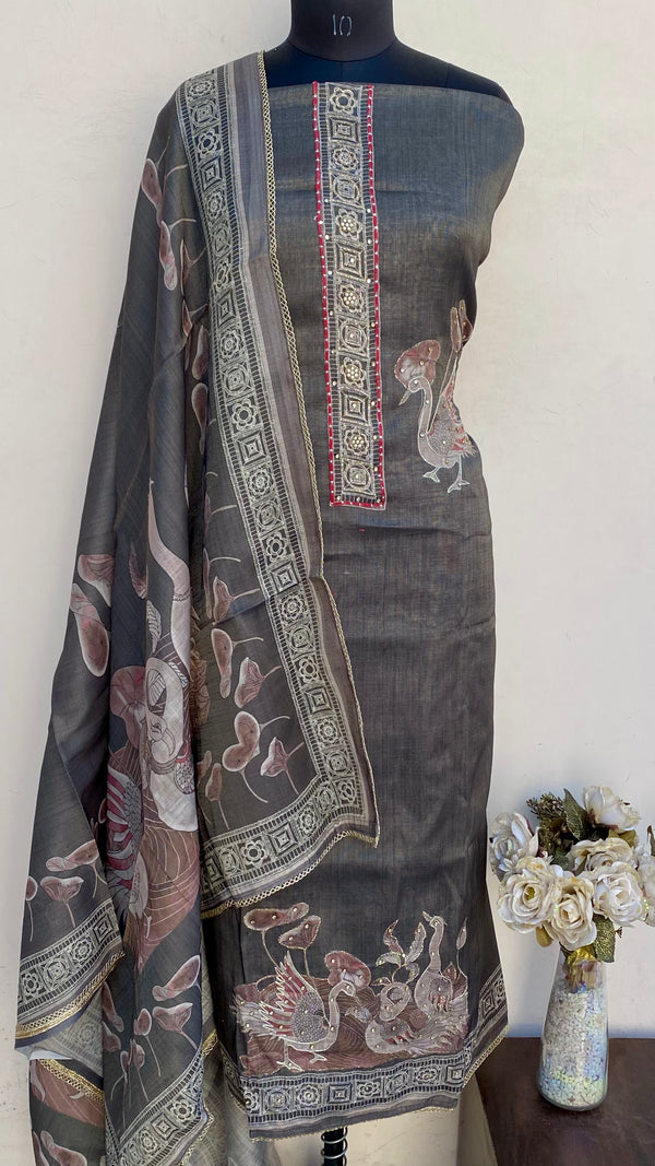 Designer Embroidered Suit Length 3 Piece Gray Linen