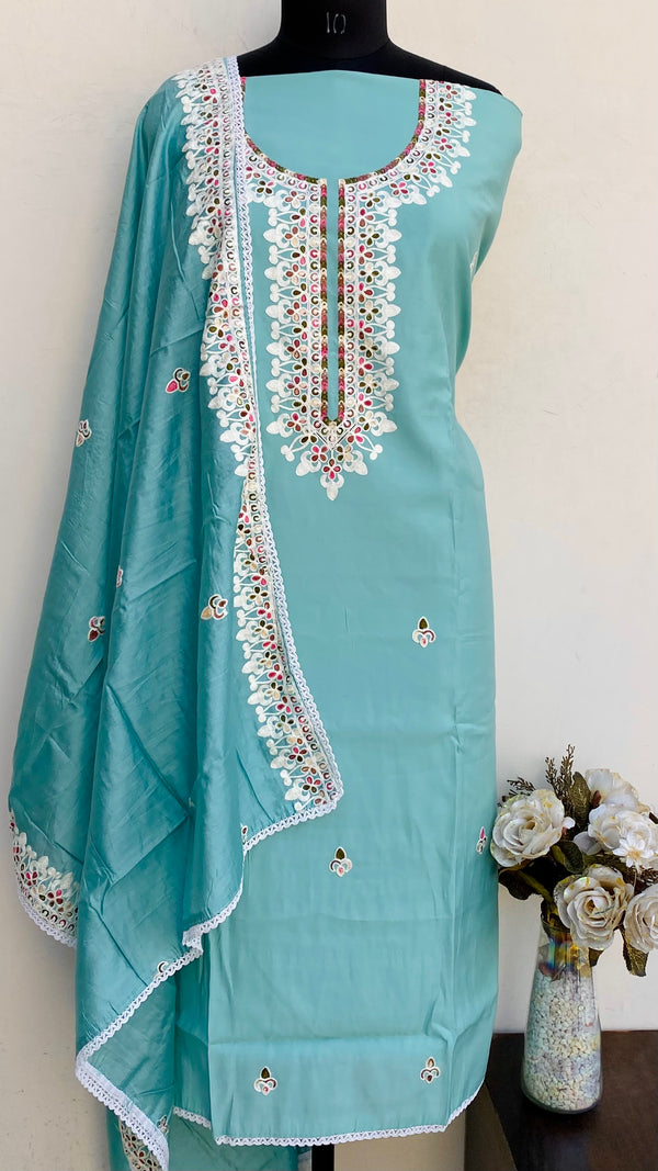 Designer Embroidered Suit Length 3 Piece Blue Mal Chanderi