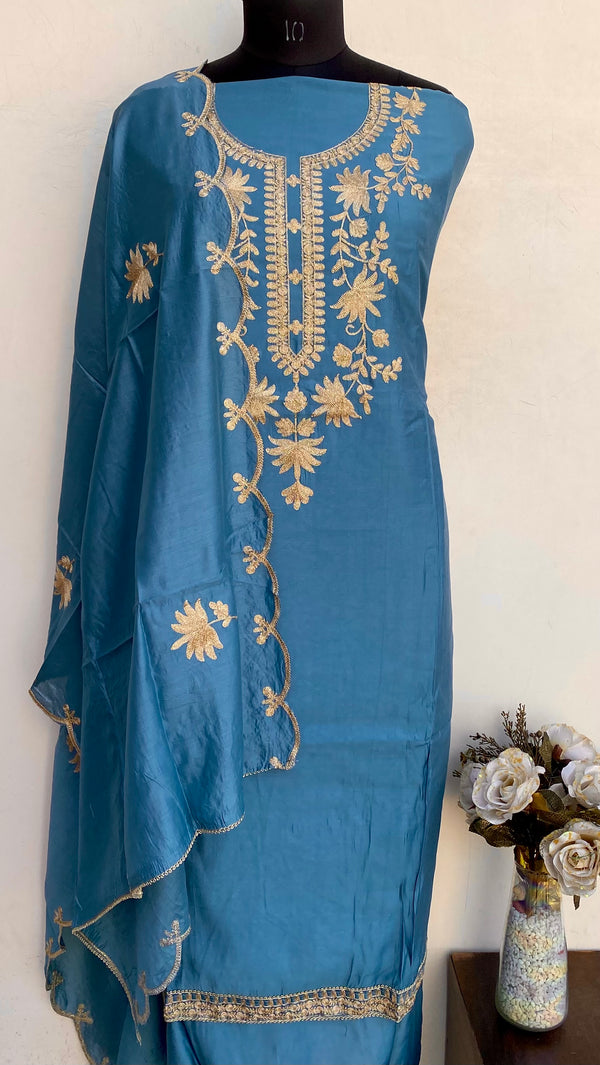 Designer Embroidered Suit Length 3 Piece Blue Mal Chanderi