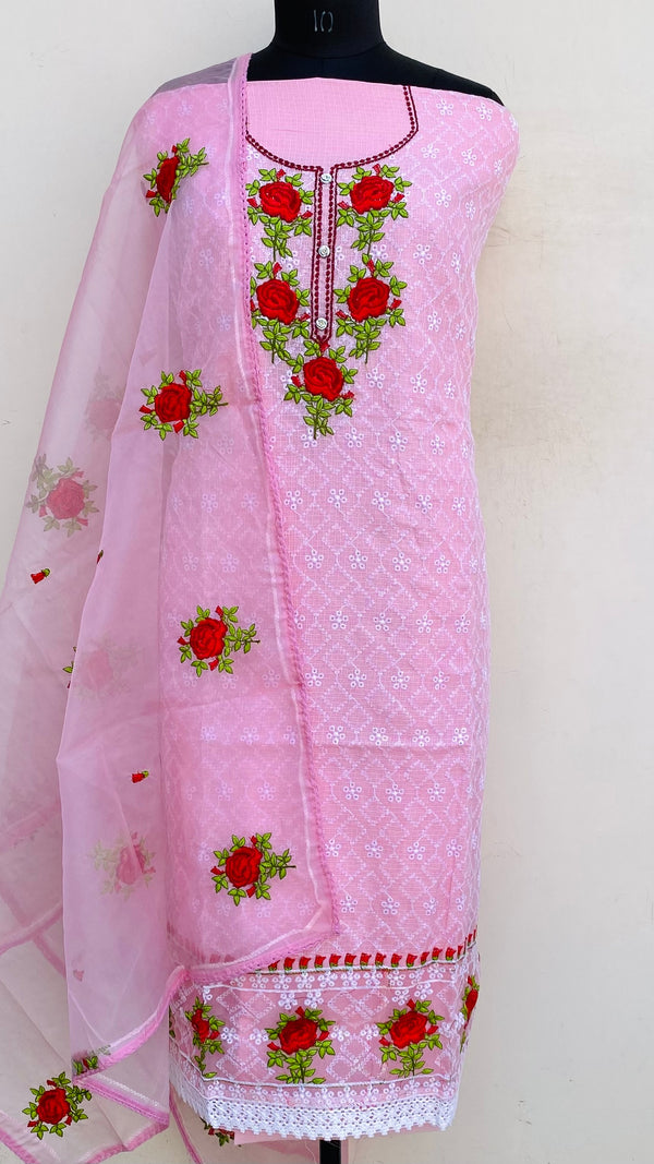 Designer Embroidered  Suit Length 3 Piece Pink Kota