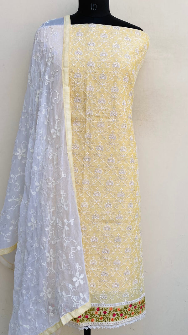 Designer Embroidered Suit Length 3 Piece Yellow Mal Chanderi