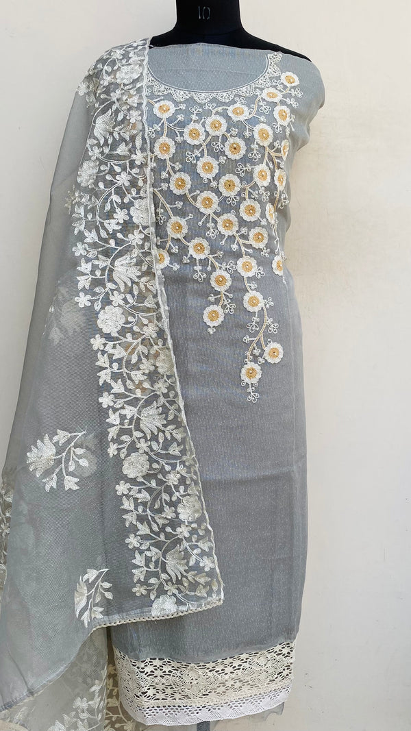 Designer Embroidered  Suit Length 3 Piece Gray Kota With Pearl Work