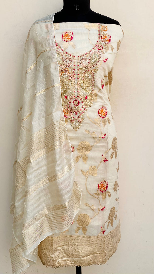 Designer Embroidered Suit Length 3 Piece Cream Mal Chanderi With Sequence Work