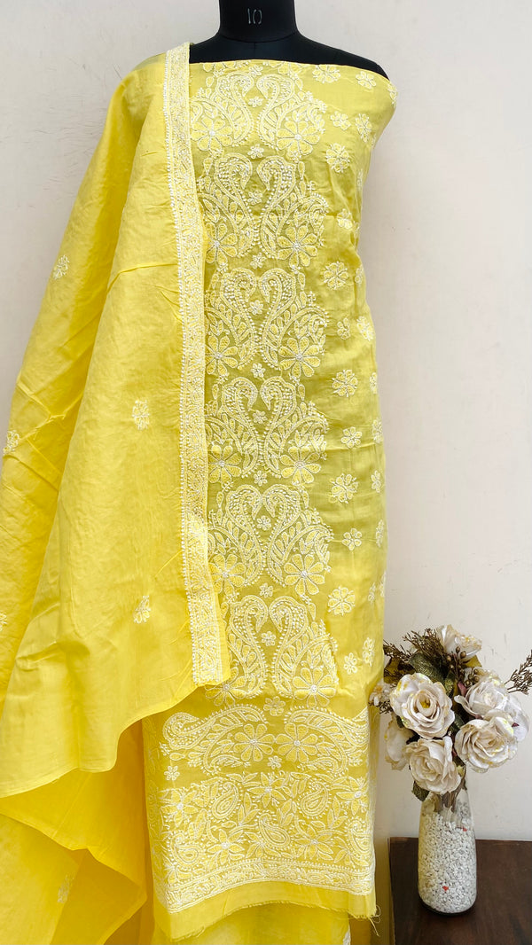 Lucknowi Chikankari Suit Length 3 Piece Yellow Cotton With Embroidered Cotton Dupatta