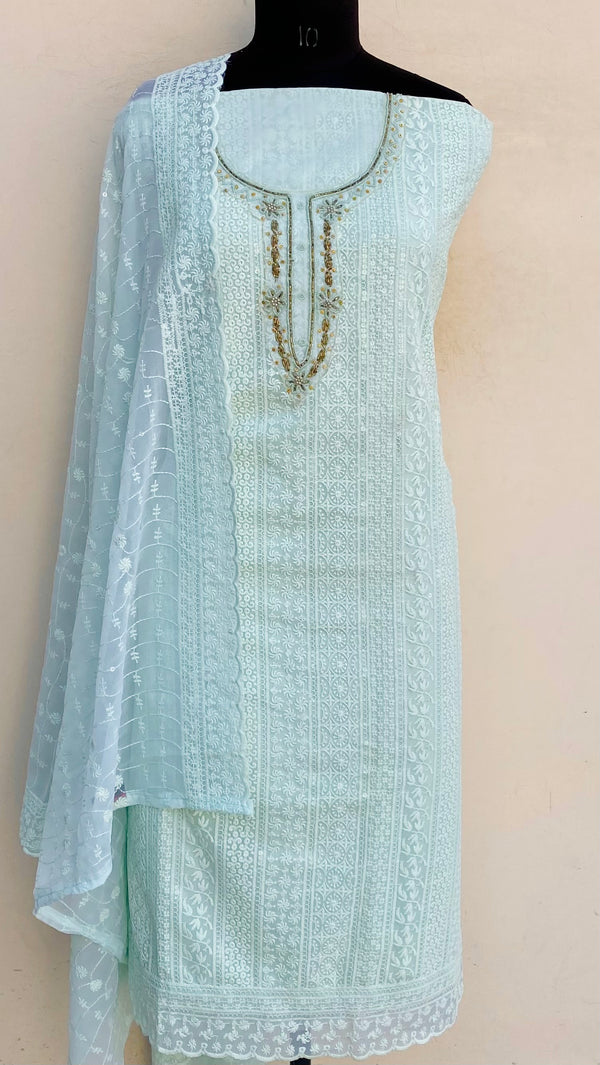 Chikankari Suit Length 3 Piece Sea Green Georgette With Cutdana & Pearl Work