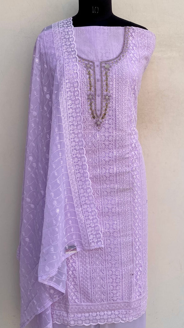 Chikankari Suit Length 3 Piece Purple Georgette With Cutdana & Pearl Work
