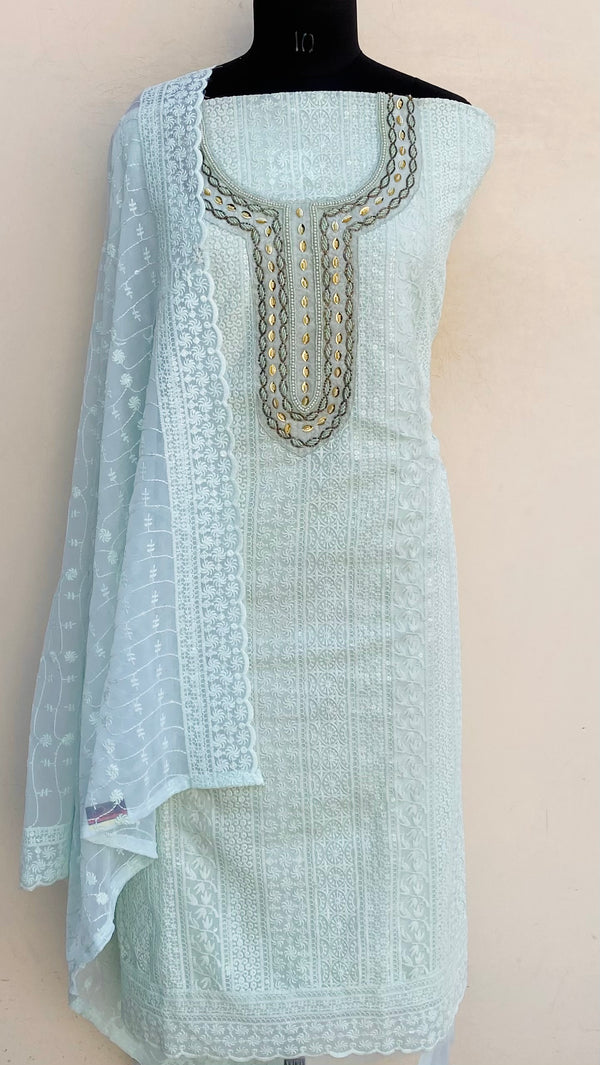 Chikankari Suit Length 3 Piece Sea Green Georgette With Cutdana & Pearl Work