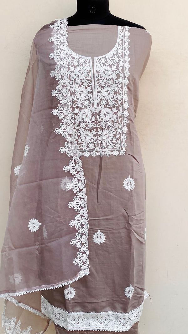 Designer Embroidered Suit Length 3 Piece Gray Mal Chanderi
