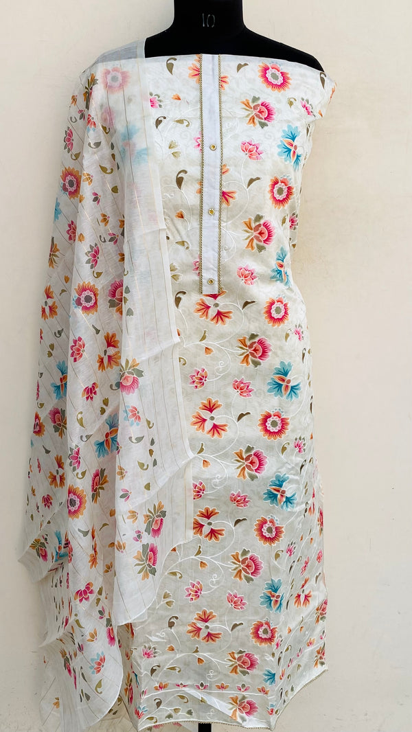 Designer Embroidered Suit Length 3 Piece Cream Mal Chanderi