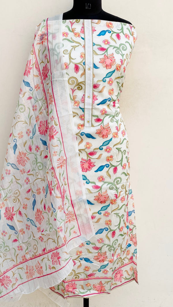 Designer Embroidered Suit Length 3 Piece Cream Mal Chanderi