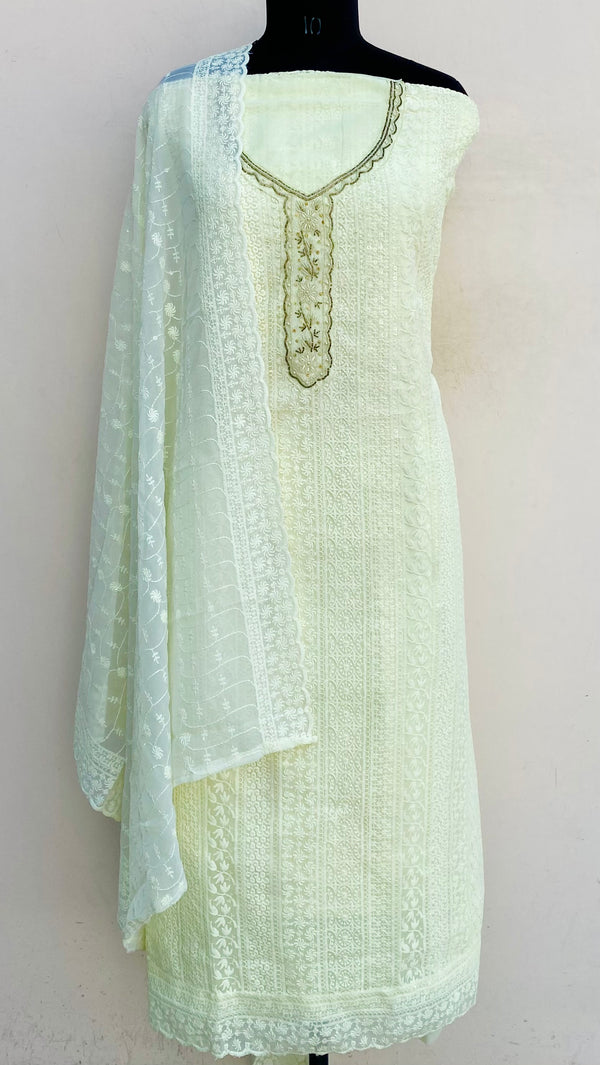 Chikankari Suit Length 3 Piece Lemon Yellow Georgette With Cutdana & Pearl Work