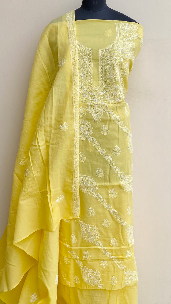 Lucknowi Chikankari Suit Length 3 Piece Yellow Cotton With Embroidered Cotton Dupatta