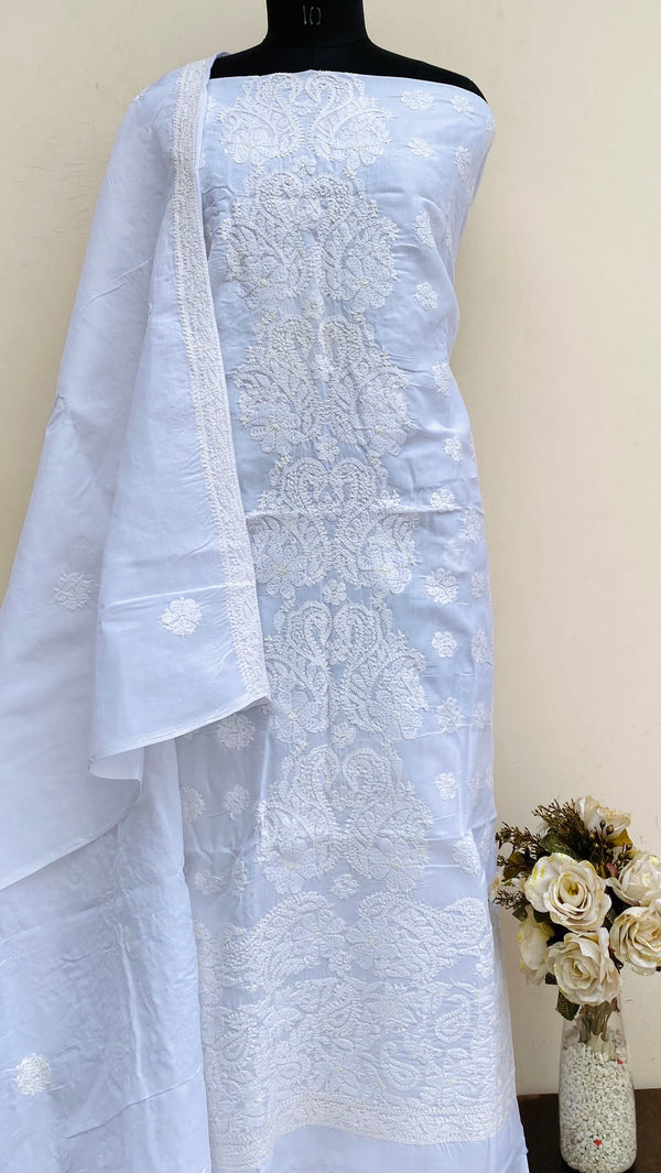 Lucknowi Chikankari Suit Length 3 Piece White Cotton With Embroidered Cotton Dupatta
