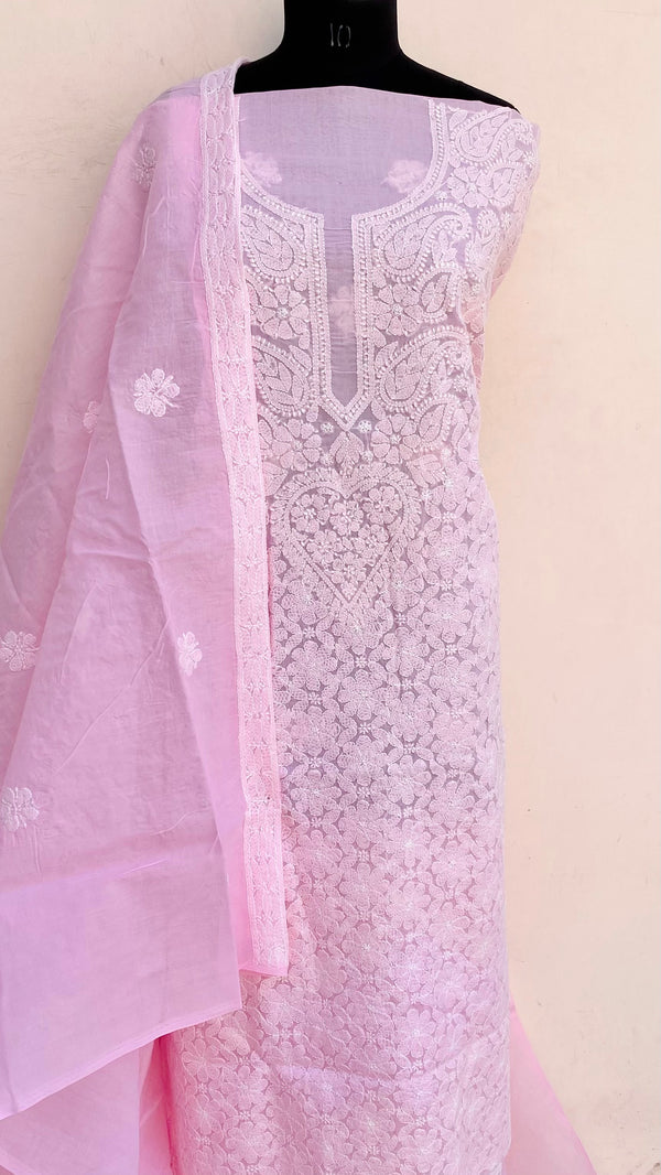 Lucknowi Chikankari Suit Length 3 Piece Pink Cotton With Embroidered Cotton Dupatta