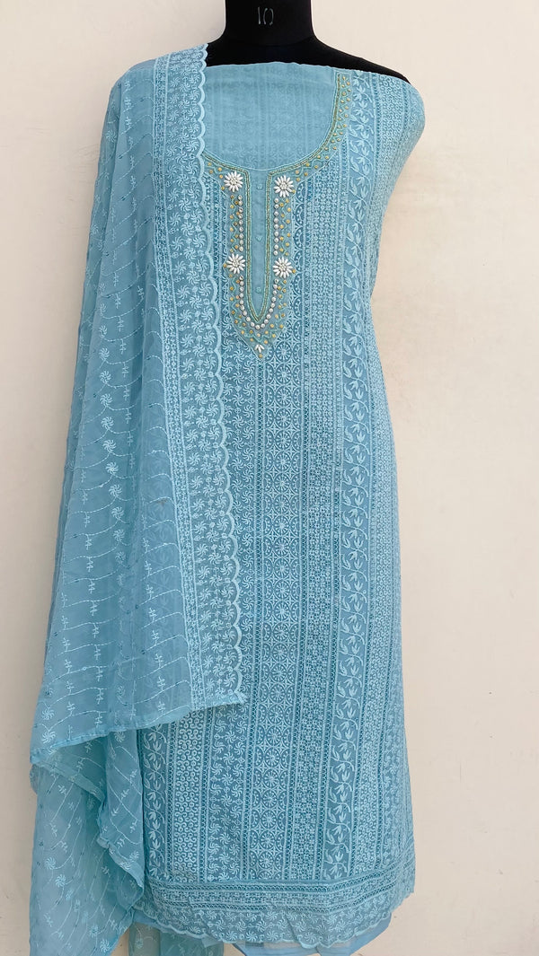 Chikankari Suit Length 3 Piece Aqua Blue Georgette With Pearl & Cutdana Work
