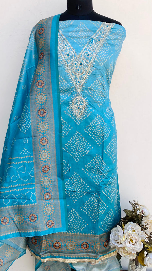 Designer Embroidered Suit Length 3 Piece Blue Mal Chanderi With Sequence Work