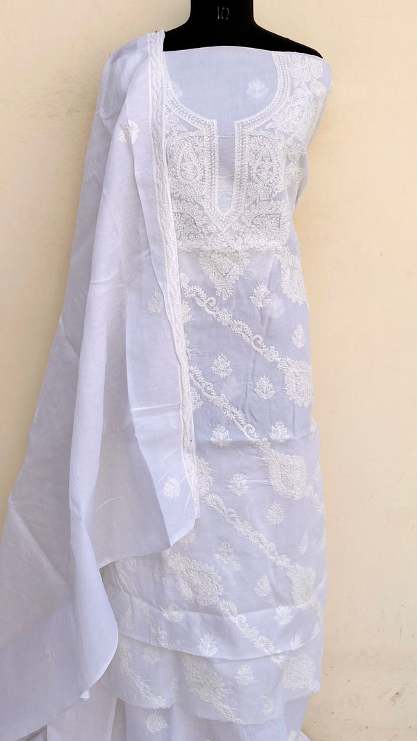 Lucknowi Chikankari Suit Length 3 Piece White Cotton With Embroidered Cotton Dupatta