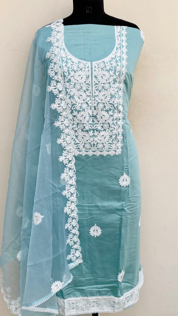 Designer Embroidered Suit Length 3 Piece Aqua Blue Mal Chanderi