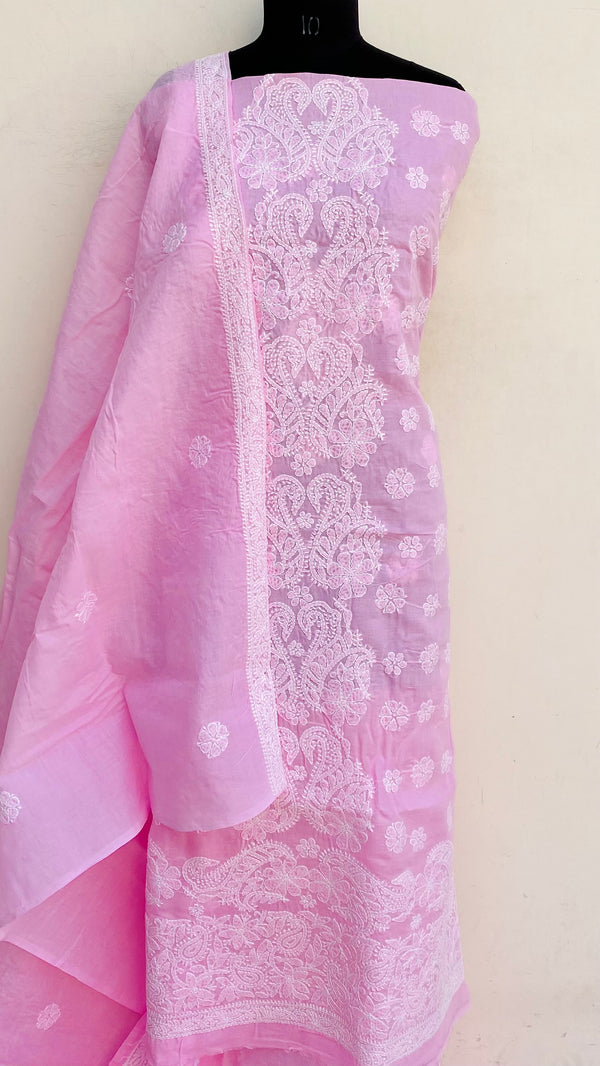 Lucknowi Chikankari Suit Length 3 Piece Pink Cotton With Embroidered Cotton Dupatta