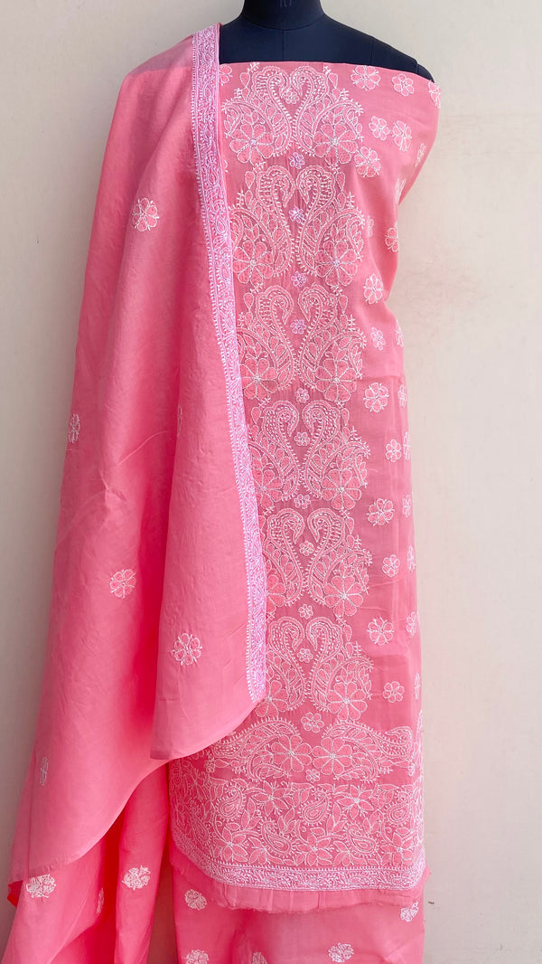 Lucknowi Chikankari Suit Length 3 Piece Pink Cotton With Embroidered Cotton Dupatta
