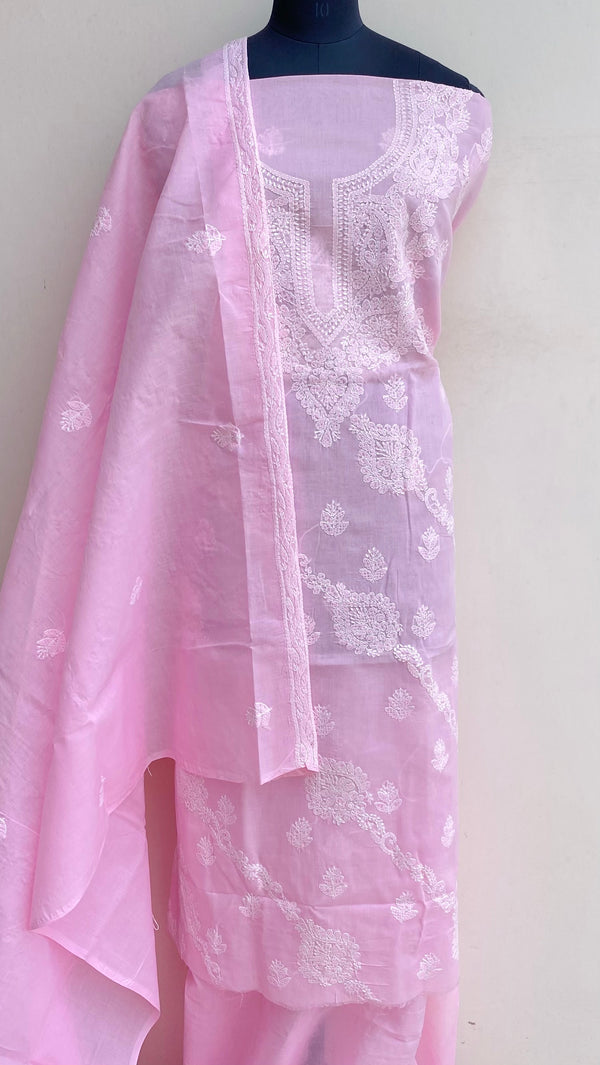 Lucknowi Chikankari Suit Length 3 Piece Pink Cotton With Embroidered Cotton Dupatta