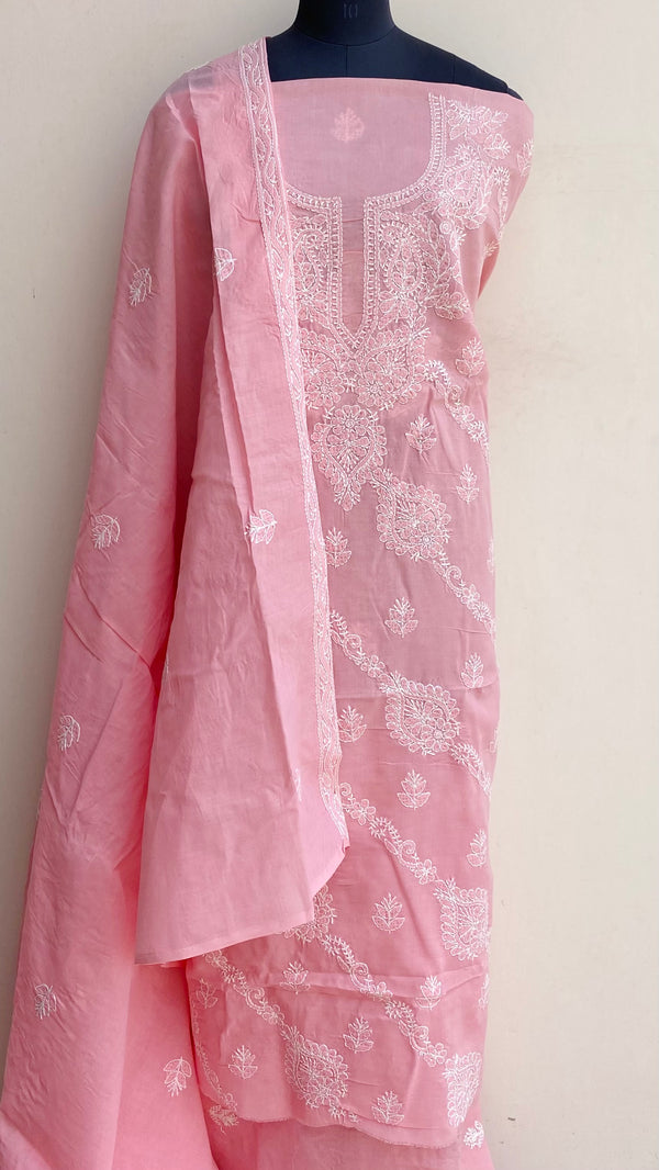 Lucknowi Chikankari Suit Length 3 Piece Pink Cotton With Embroidered Cotton Dupatta