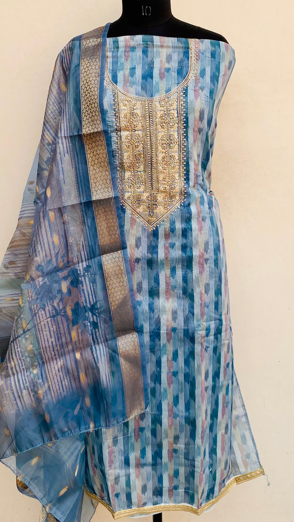 Designer Embroidered Suit Length 3 Piece Blue Mal Chanderi With Stone Work