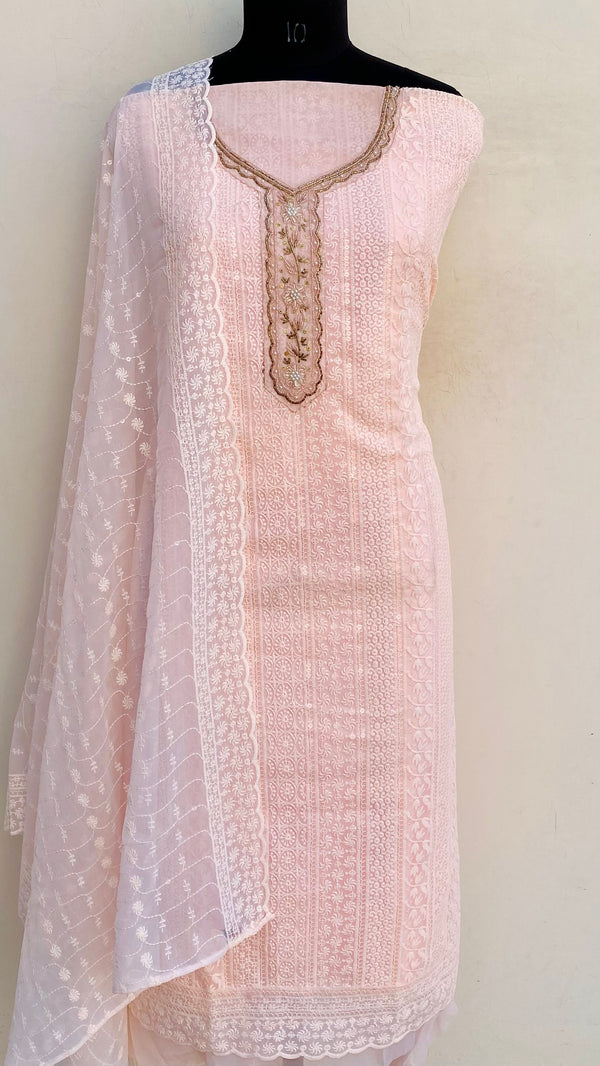 Chikankari Suit Length 3 Piece Pink Georgette With Cutdana & Pearl Work