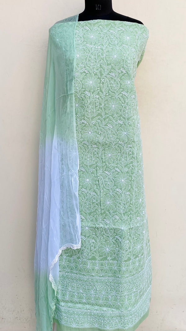 Lucknowi Chikankari Suit Length 3 Piece Teal Green Cotton
