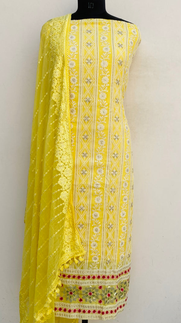 Chikankari Suit Length 3 Piece Yellow Georgette With Sequence Work
